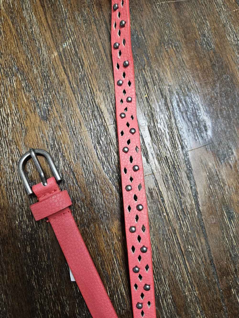 Women's Red Studded Leather Belt - Classic Adjustable Style 42" Long